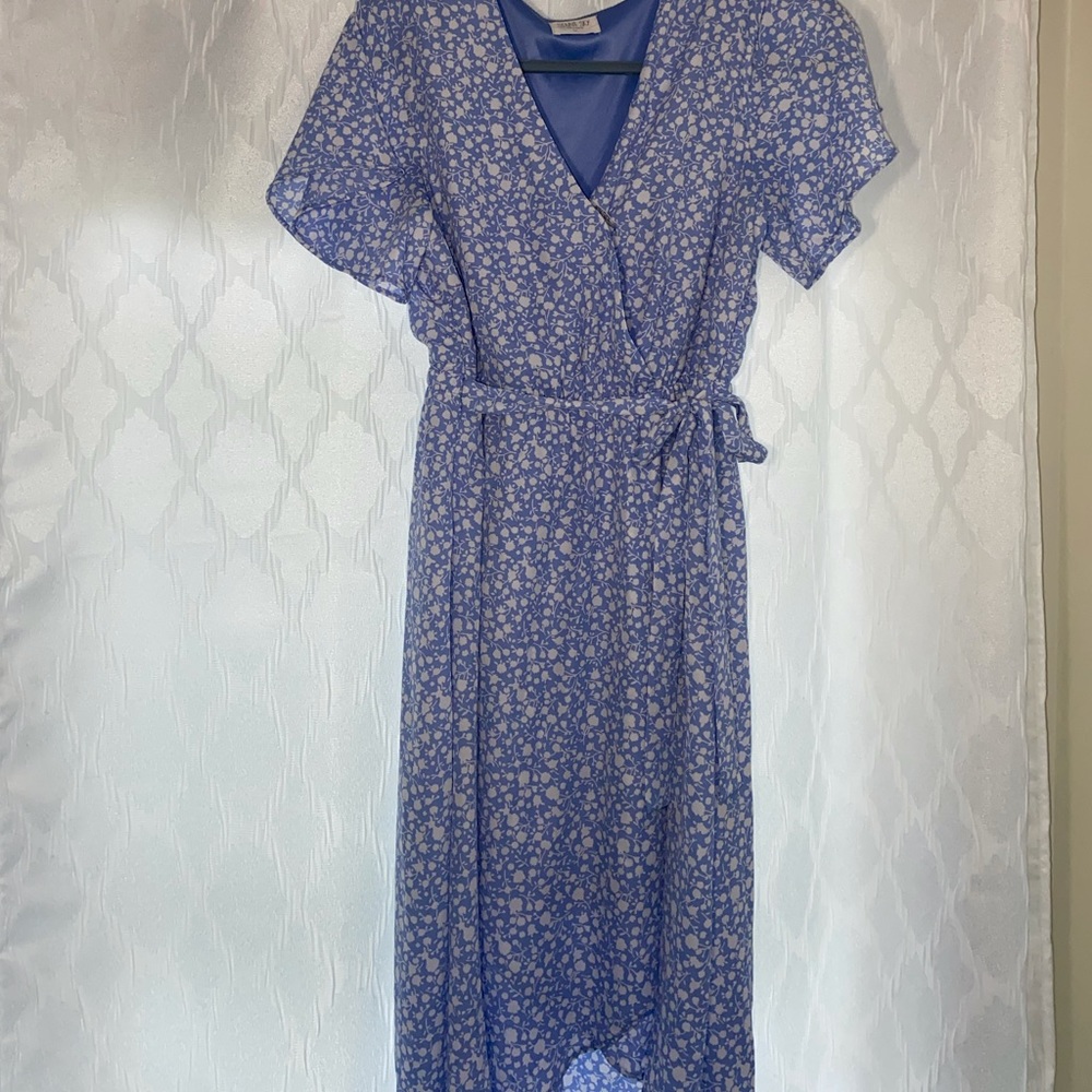 Blue Floral Print High Low Dress